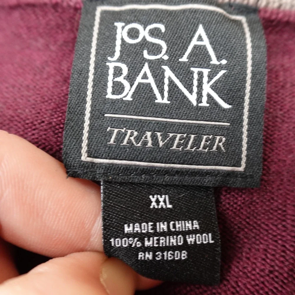 Jos A‎ Bank Sweater Mens 2XL Red Merino Wool V Neck Traveler Pullover Knit Soft